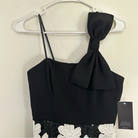 Aidan by Aidan Mattox black white floral lace mini dress one-shoulder bow NWT - Picture 2 of 10